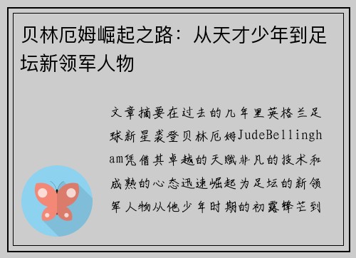 贝林厄姆崛起之路：从天才少年到足坛新领军人物