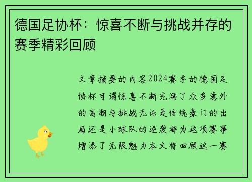 德国足协杯：惊喜不断与挑战并存的赛季精彩回顾