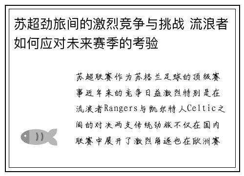 苏超劲旅间的激烈竞争与挑战 流浪者如何应对未来赛季的考验